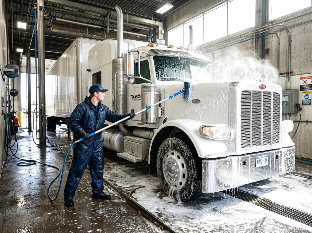 White tractor-trailer covered in active foam inside a commercial wash bay.