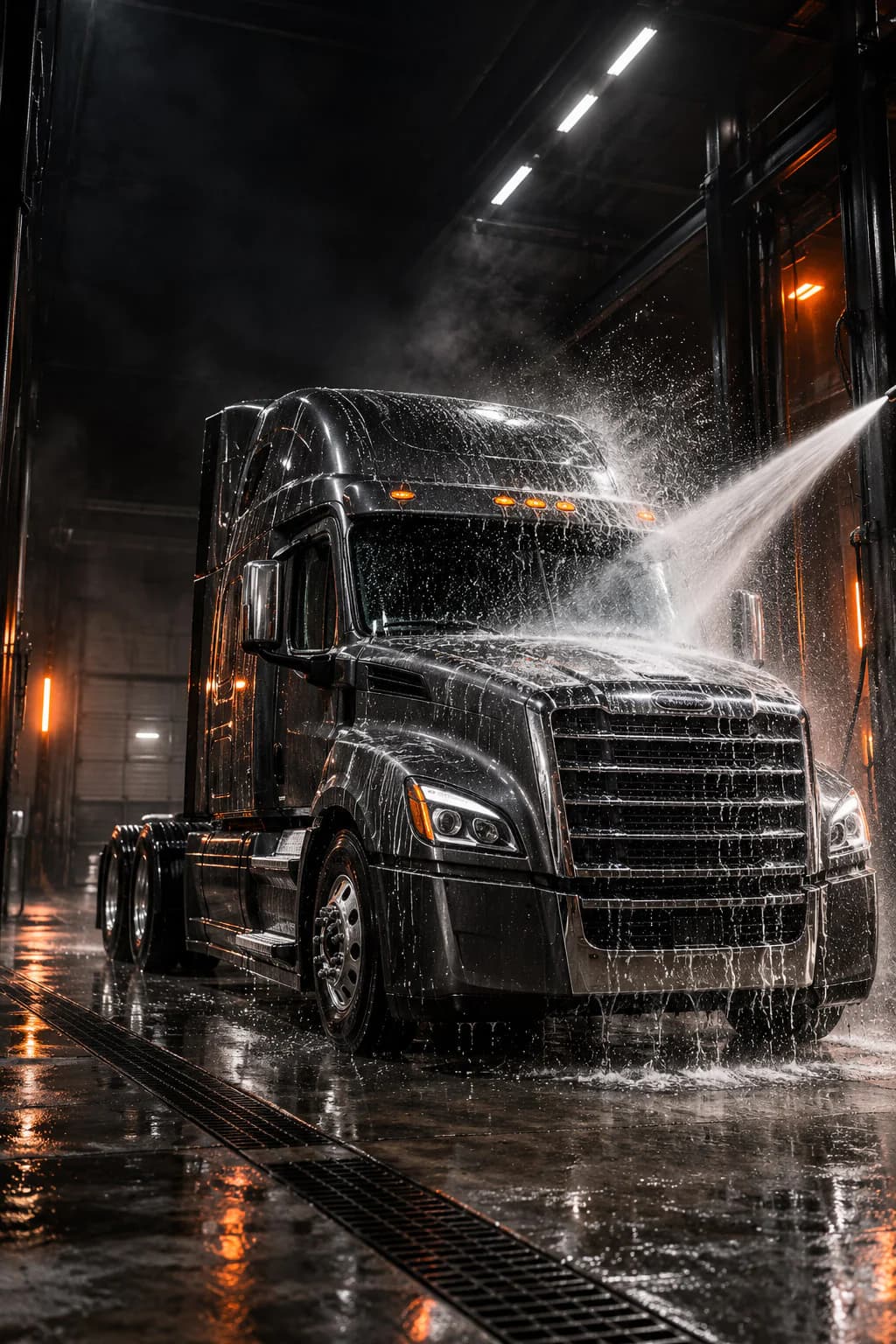 Semi-truck exterior wash: a black tractor cab under a high-pressure rinse in the wash bay.