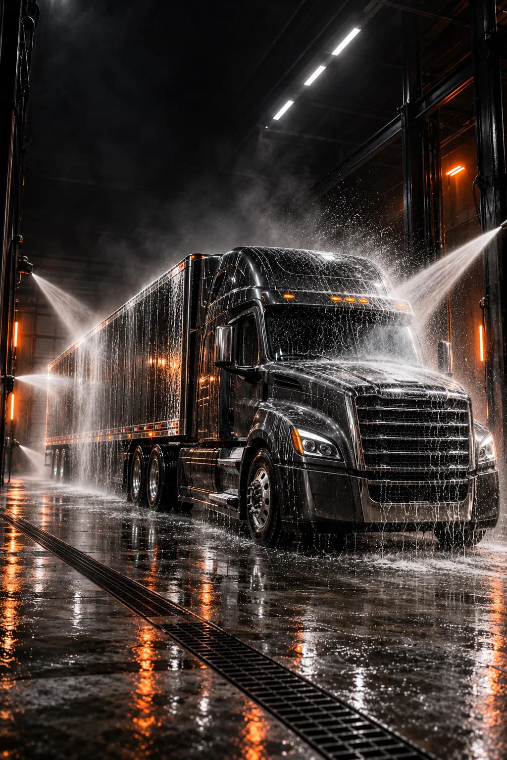 Tractor and trailer wash: a coupled tractor and trailer washed as one unit under overhead jets.