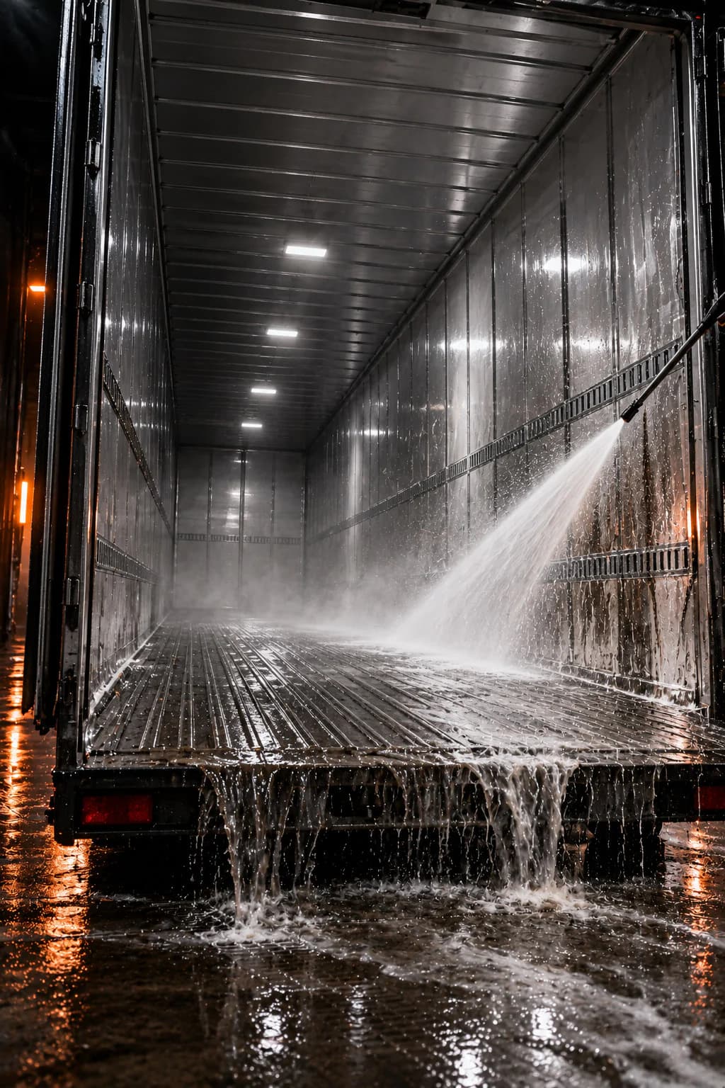 Trailer washout: the inside of an empty trailer being pressure-cleaned wall to floor.