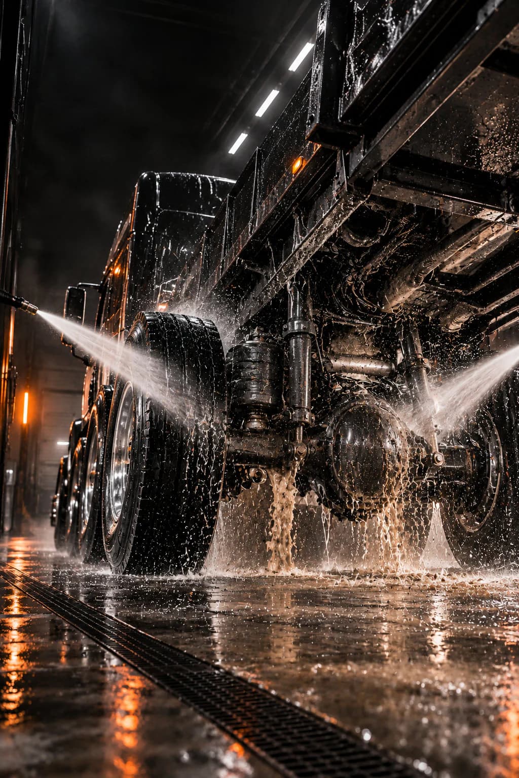 Chassis and undercarriage cleaning: water jets flushing frame rails, axles, and suspension from below.