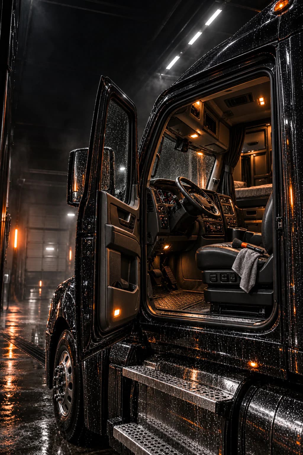 Interior cab detailing: an open cab door showing the dash, driver seat, sleeper, and detailing tools.