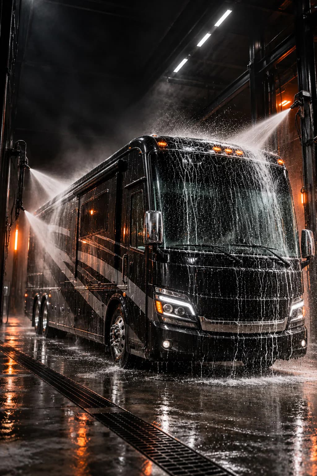 RV and motorcoach wash: a black motorcoach rinsed across its tall body panels and glass.