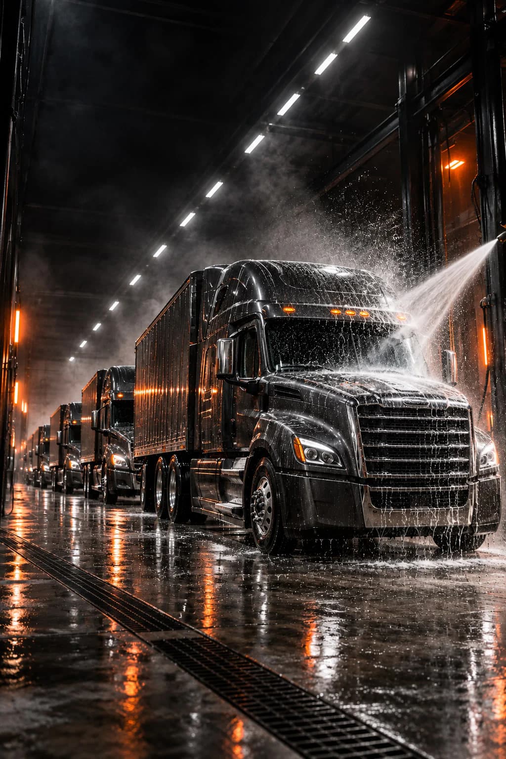 Commercial fleet wash programs: a line of matching commercial trucks moving through the wash lane.