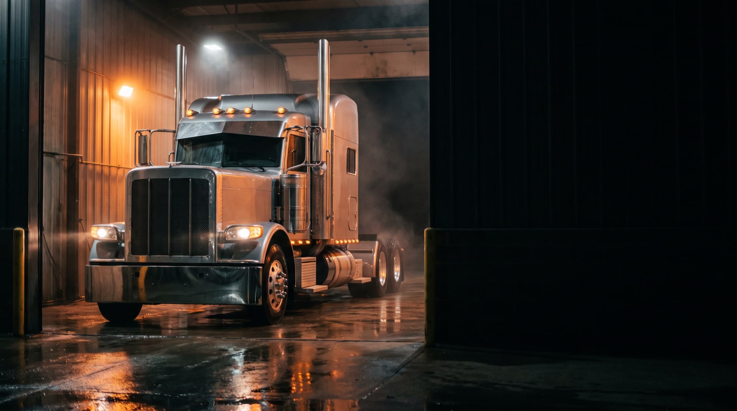 A polished American semi-truck standing in a dark wash bay under orange light.